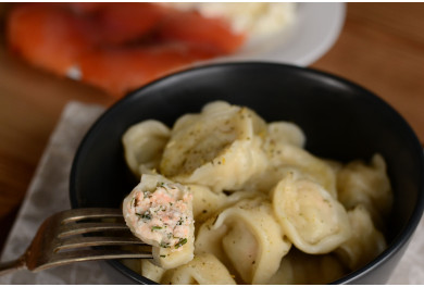 Salmon and cheese pelmeni (dumplings)